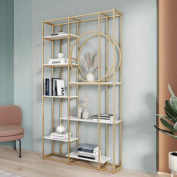 Modern 7-Tier Rectangle Freestanding Geometric Bookshelf in Gold & White-Bookcases & Bookshelves,Furniture,Office Furniture